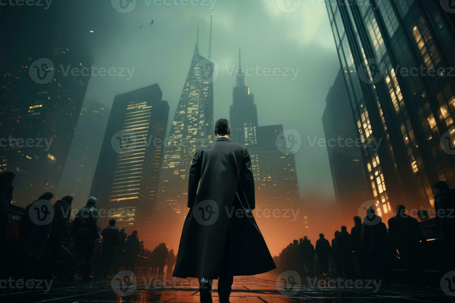 uma dramático imagem do uma homem de negocios em pé em a Beira do uma arranha-céu, dele casaco tremulando gostar uma Super heroi capa dentro a vento. generativo ai foto