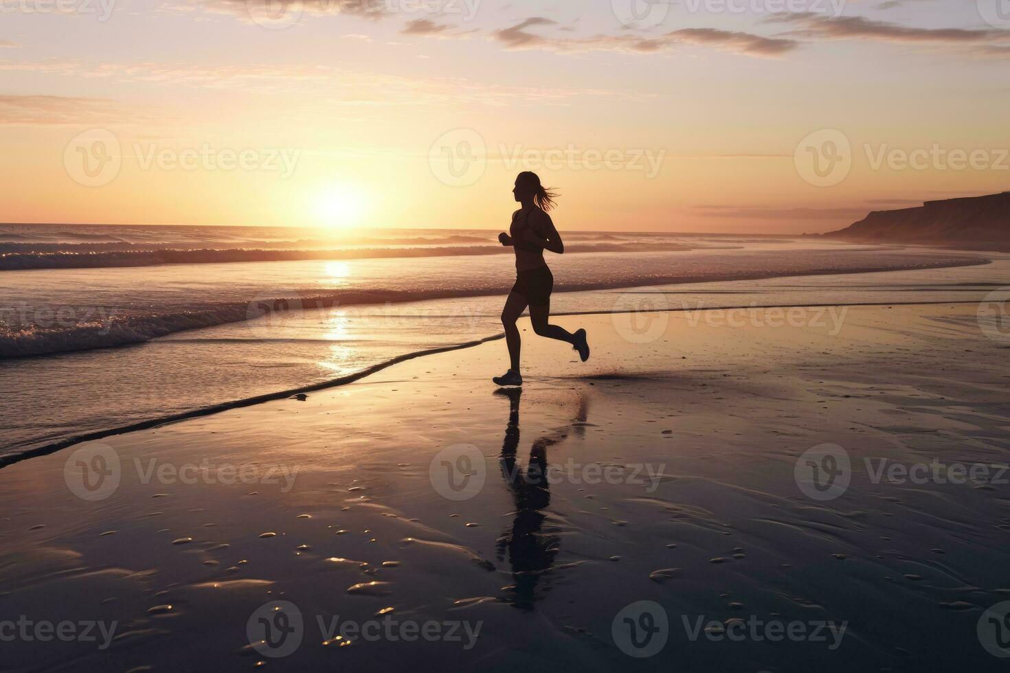 a atleta, corrida em a isolado de praia às a pausa do alvorecer. generativo ai foto