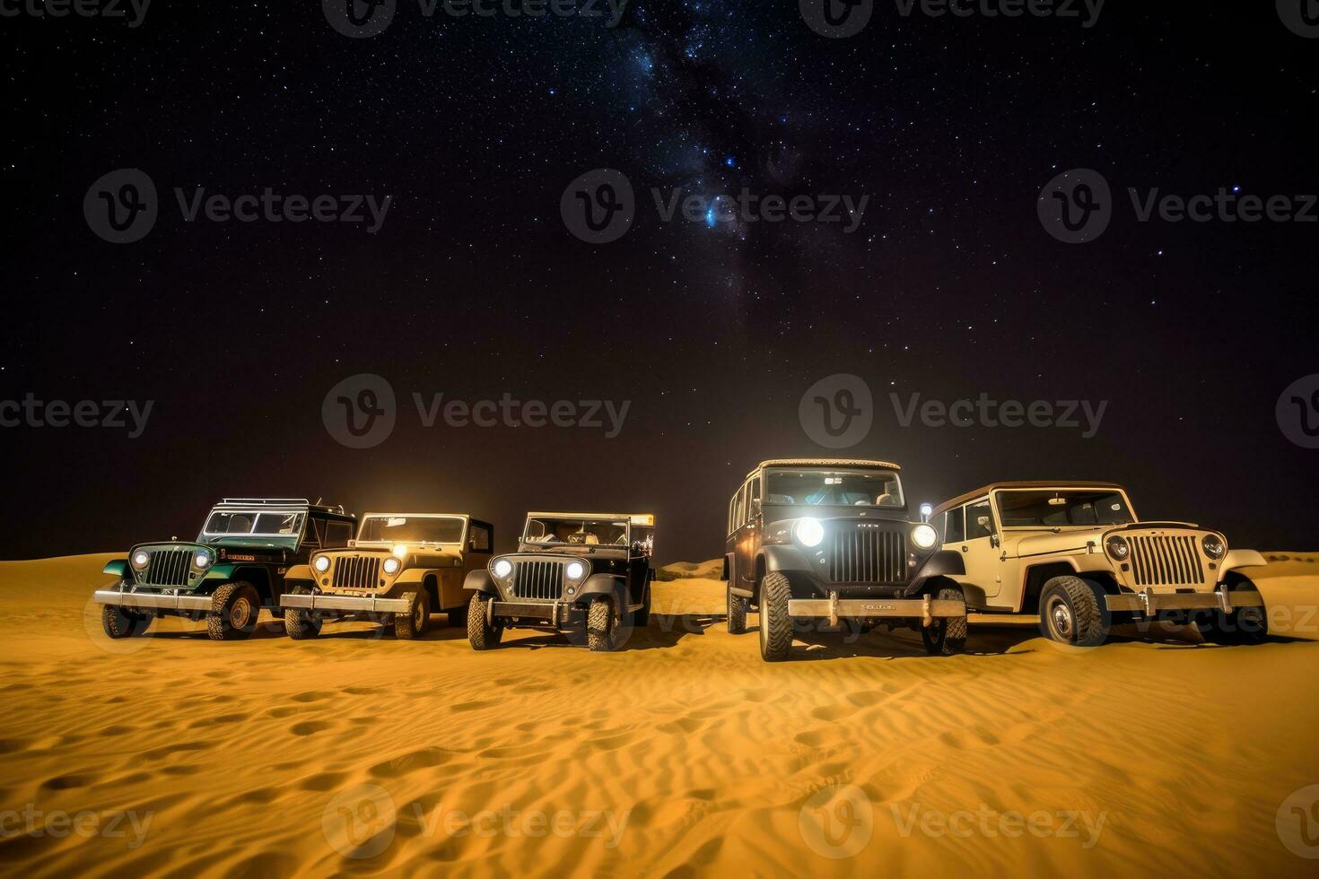 dentro uma extenso deserto debaixo a Claro noite céu, uma comboio do vintage fora - estrada veículos. generativo ai foto