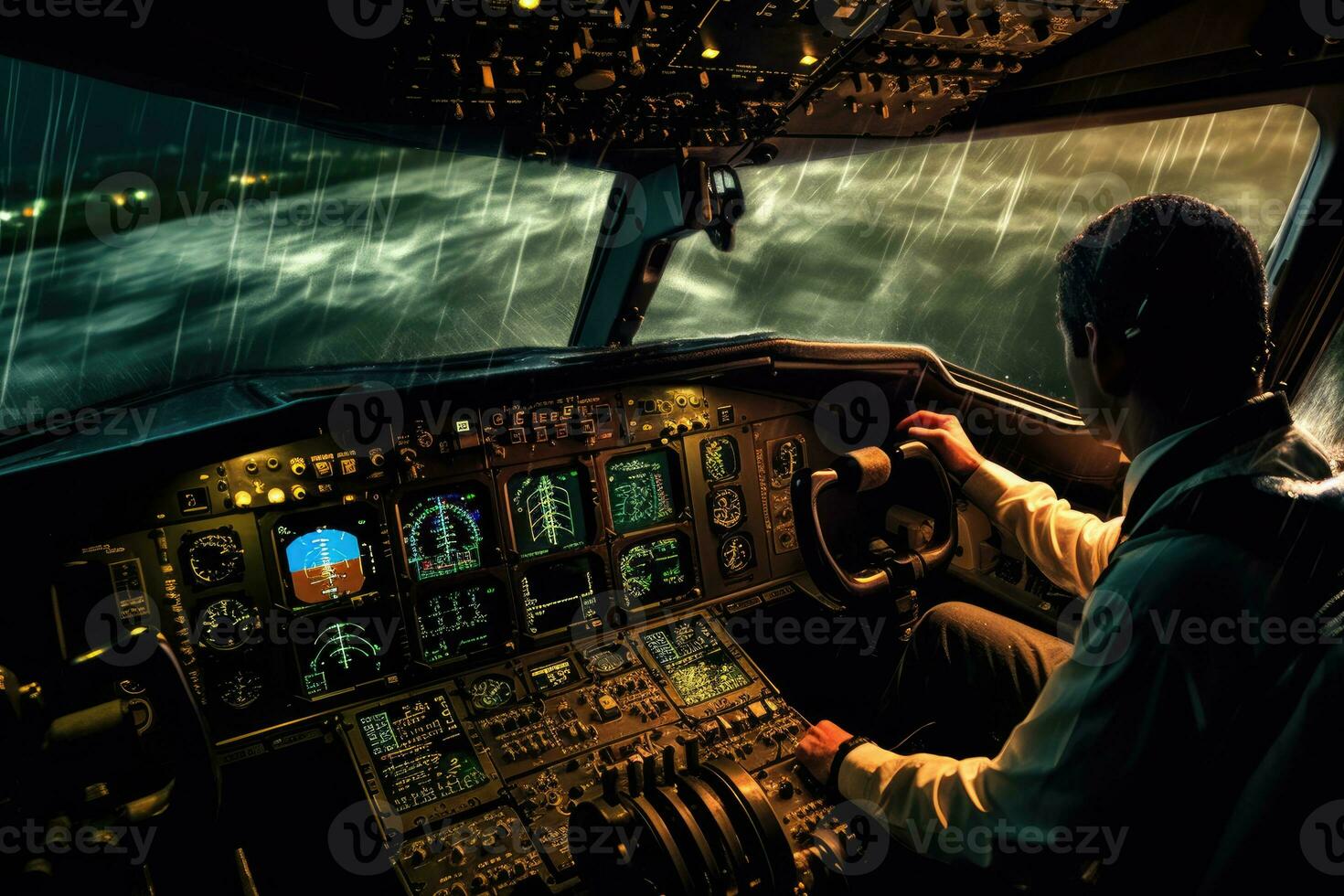 dentro a Alto - tecnologia cockpit do a avião, uma piloto habilmente navega através uma tempestade. generativo ai foto