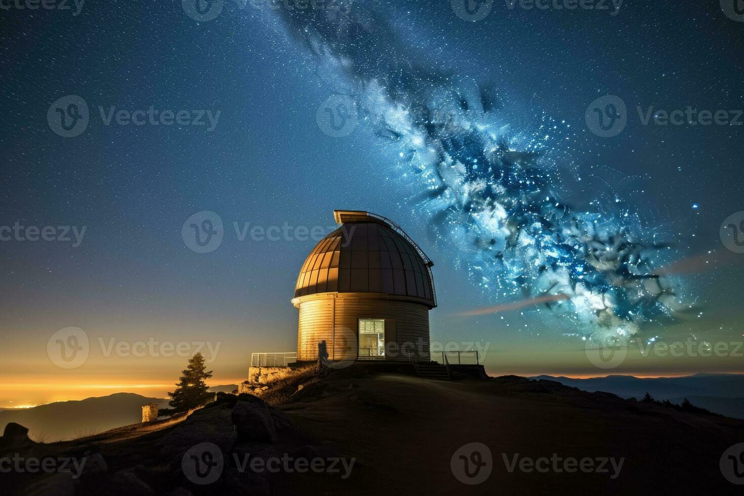 Alto dentro a montanhas, a observatório cúpula carrinhos contra uma estrelado noite céu. generativo ai foto