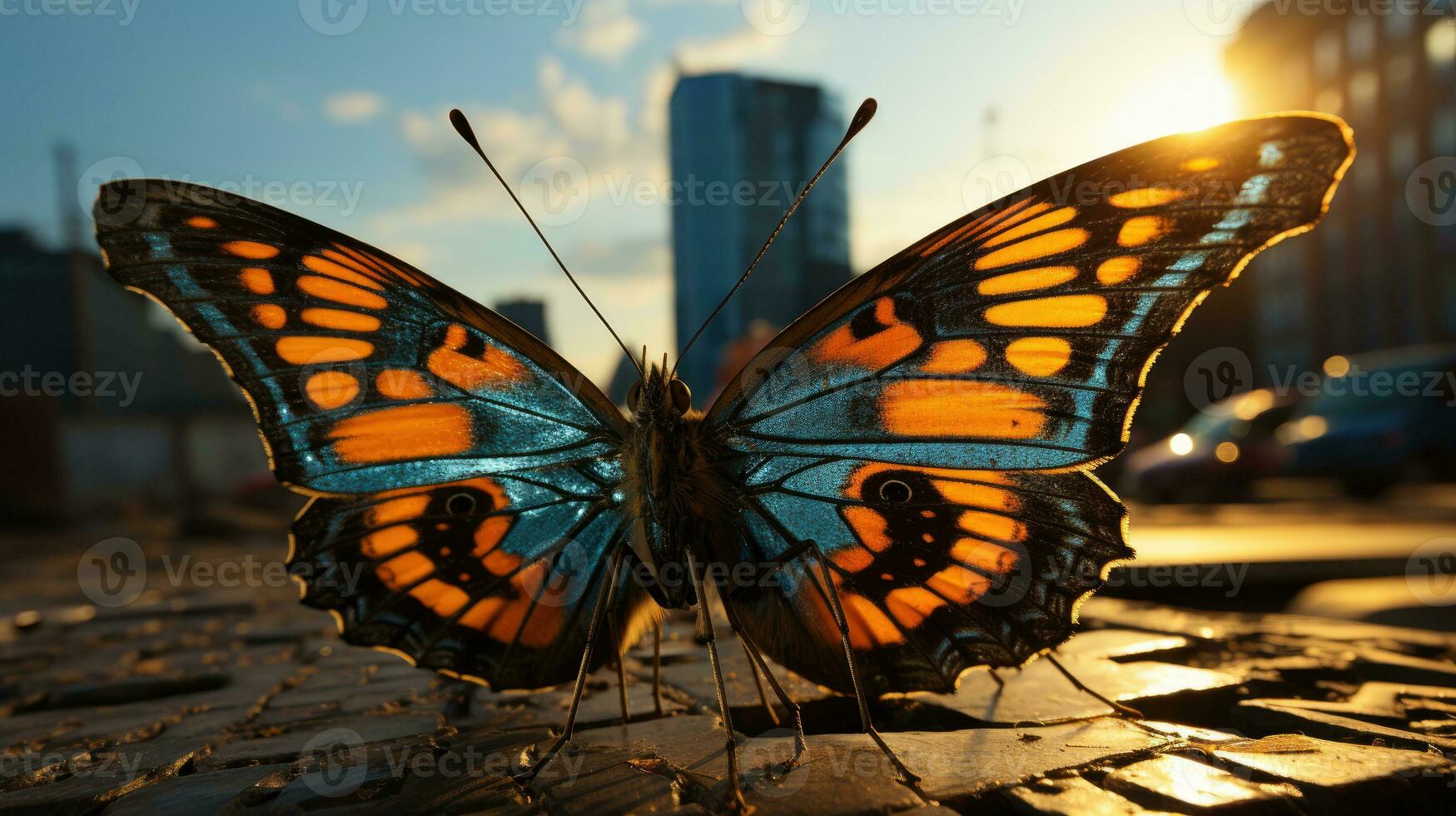 surreal tomada, gigante borboleta em repouso em uma cidade prédio. generativo ai foto