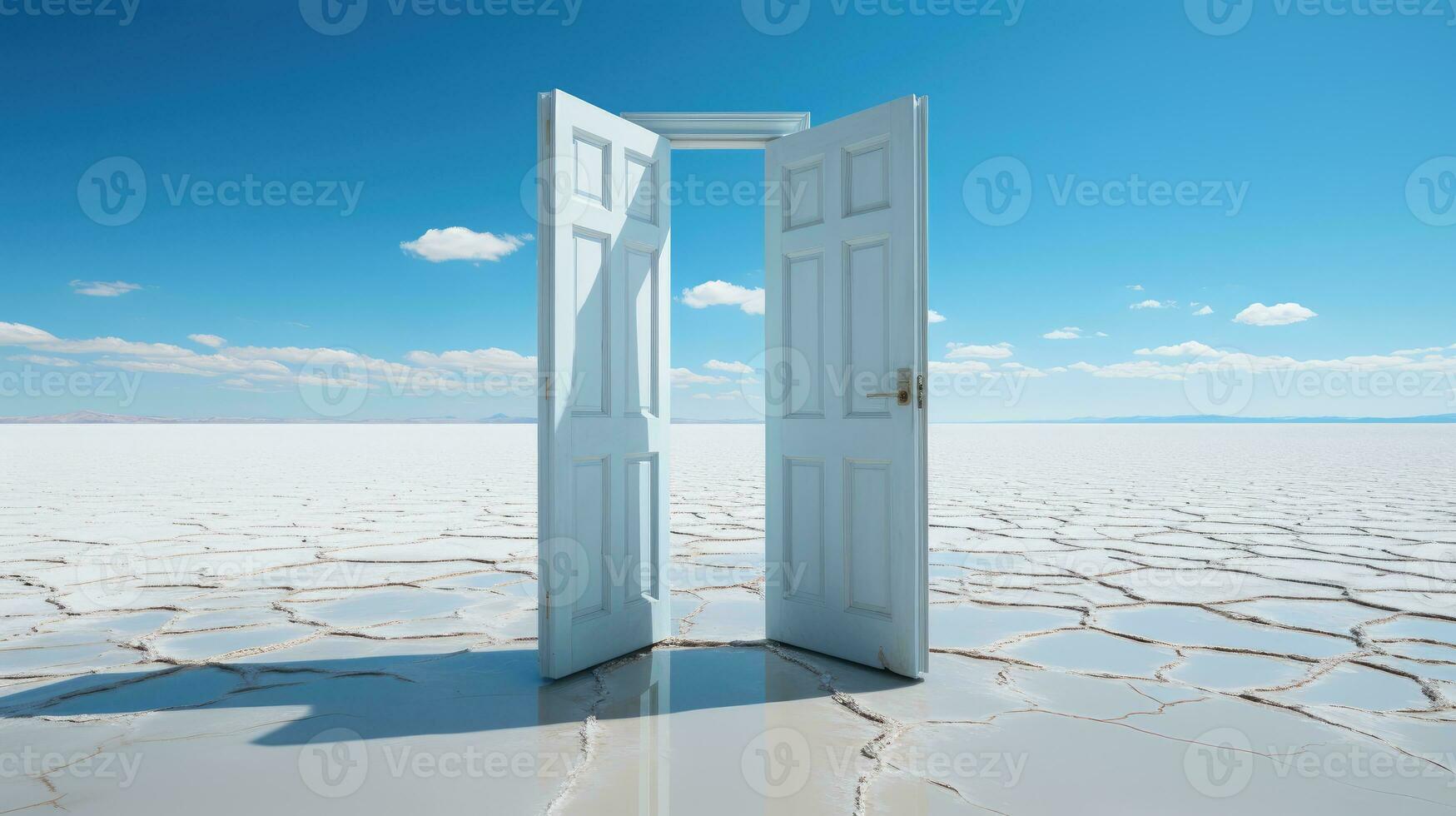surreal tomada, uma solitário porta em pé dentro a meio do uma deserto. generativo ai foto