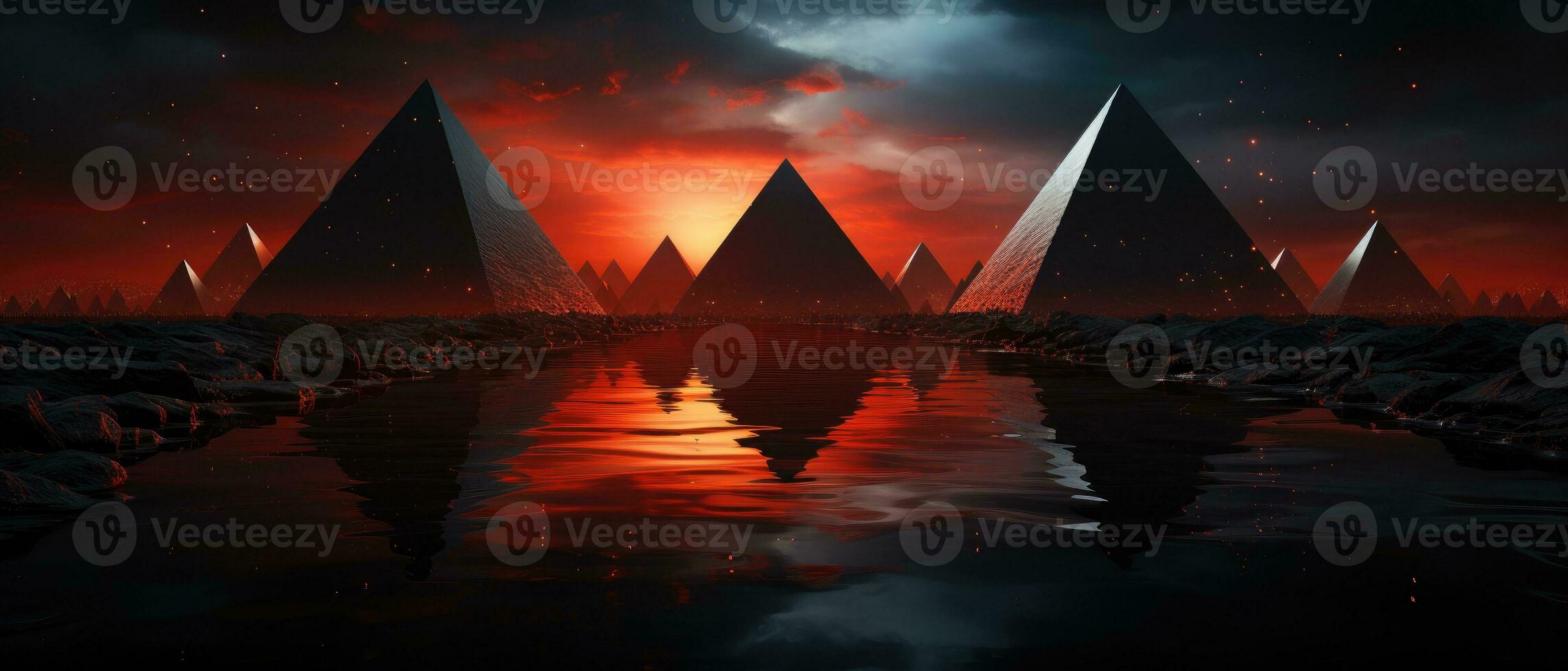 Largo - ângulo tomada, abstrato panorama do cintilante vermelho e Preto pirâmide - gostar estruturas. generativo ai foto