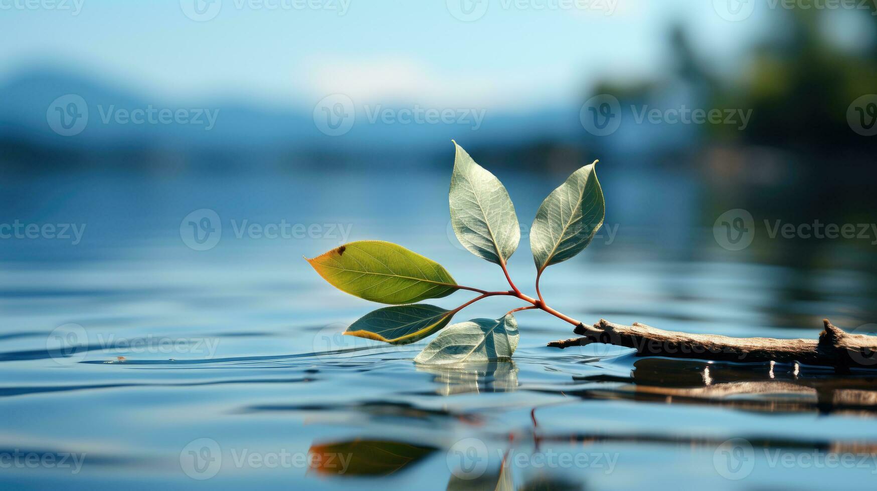 uma solteiro folha flutuando em uma perfeitamente ainda água superfície. generativo ai foto