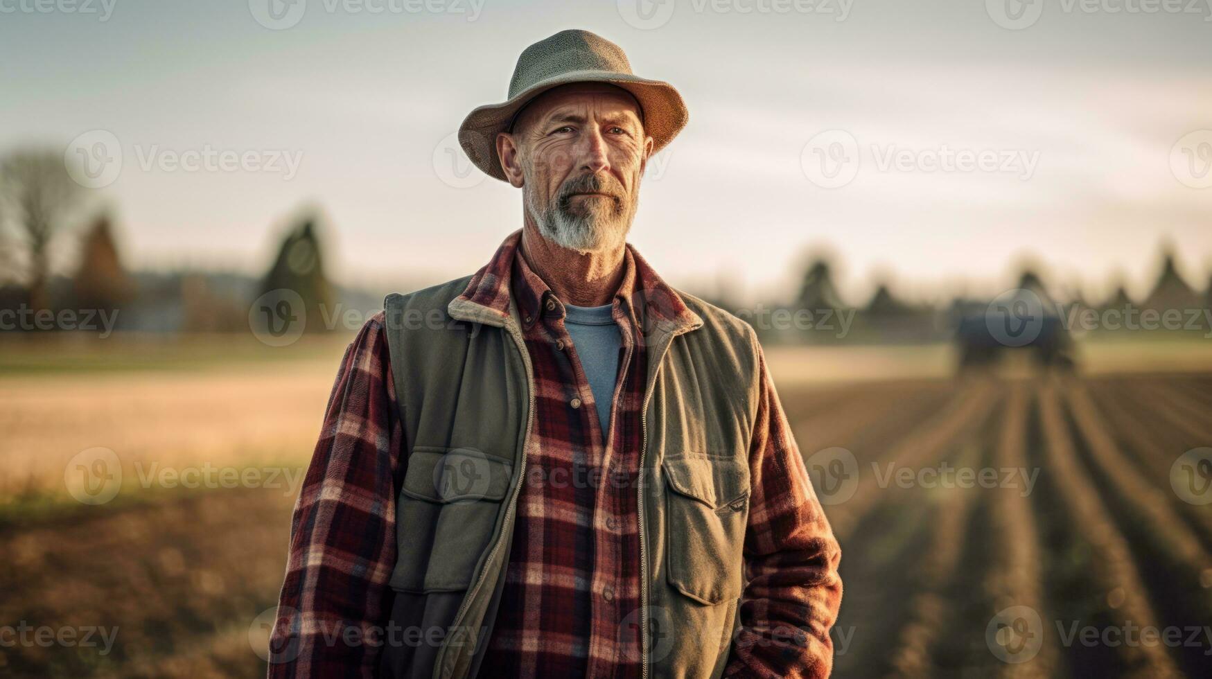 agricultor em pé dentro frente do a campo foto