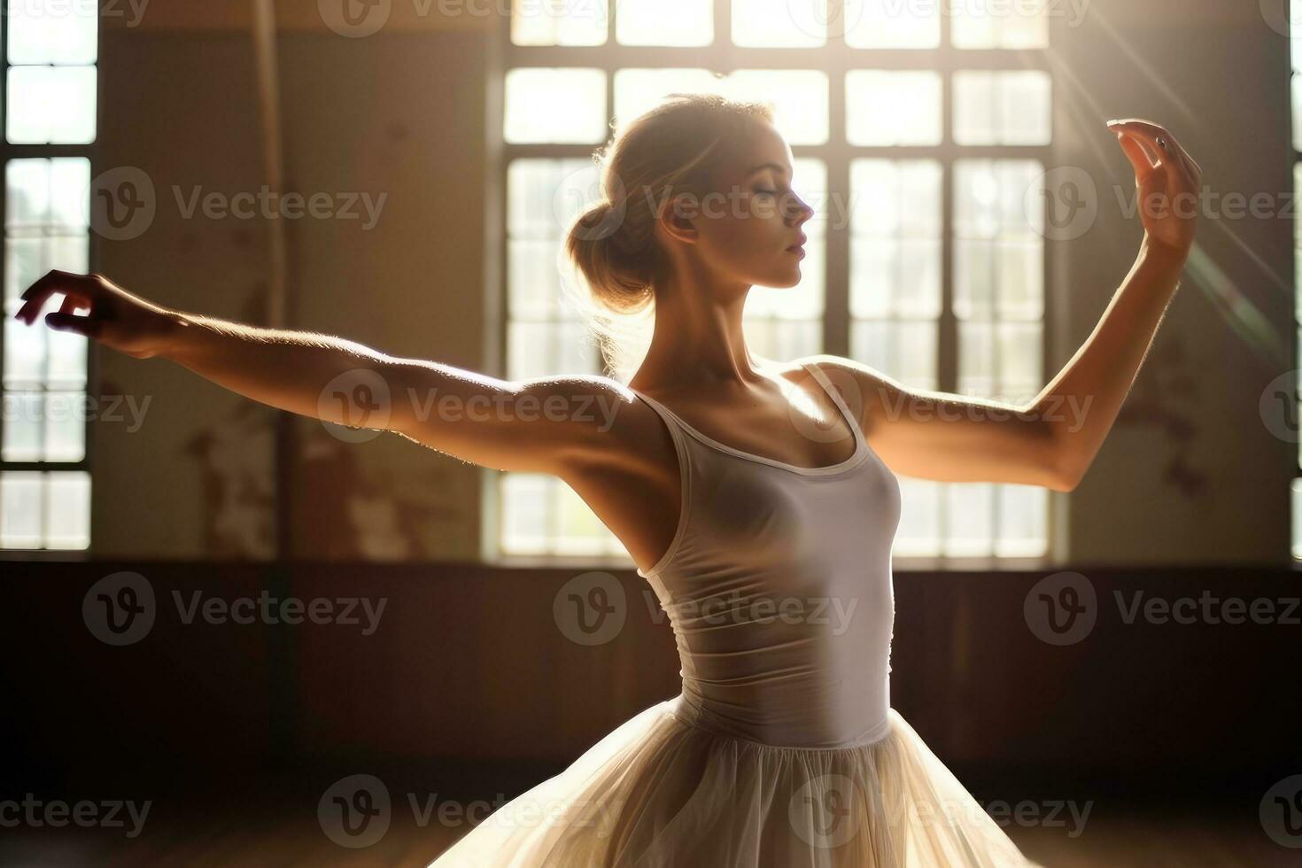 uma profissional balé dançarino práticas dentro uma iluminado pelo sol estúdio. generativo ai foto