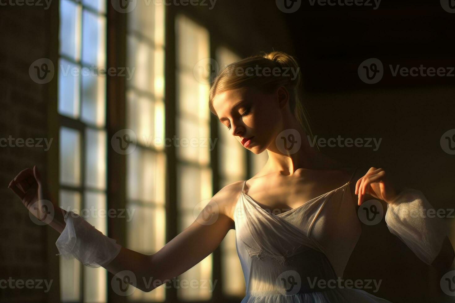 uma profissional balé dançarino práticas dentro uma iluminado pelo sol estúdio. generativo ai foto