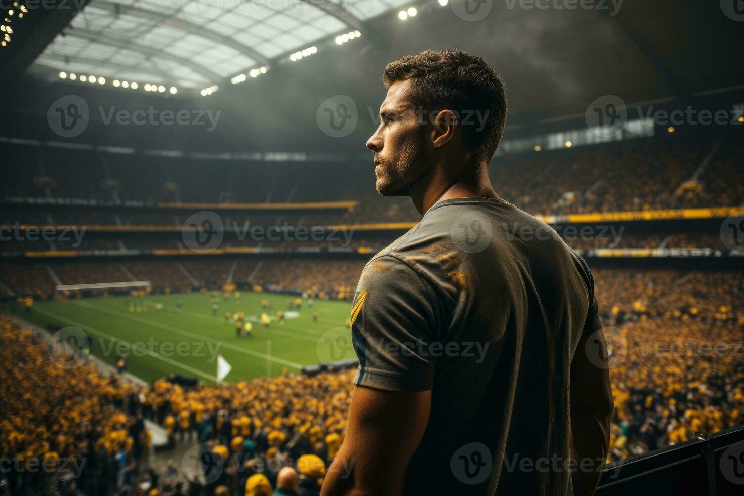 uma futebol ventilador público em pé dentro uma embalado estádio. generativo ai foto