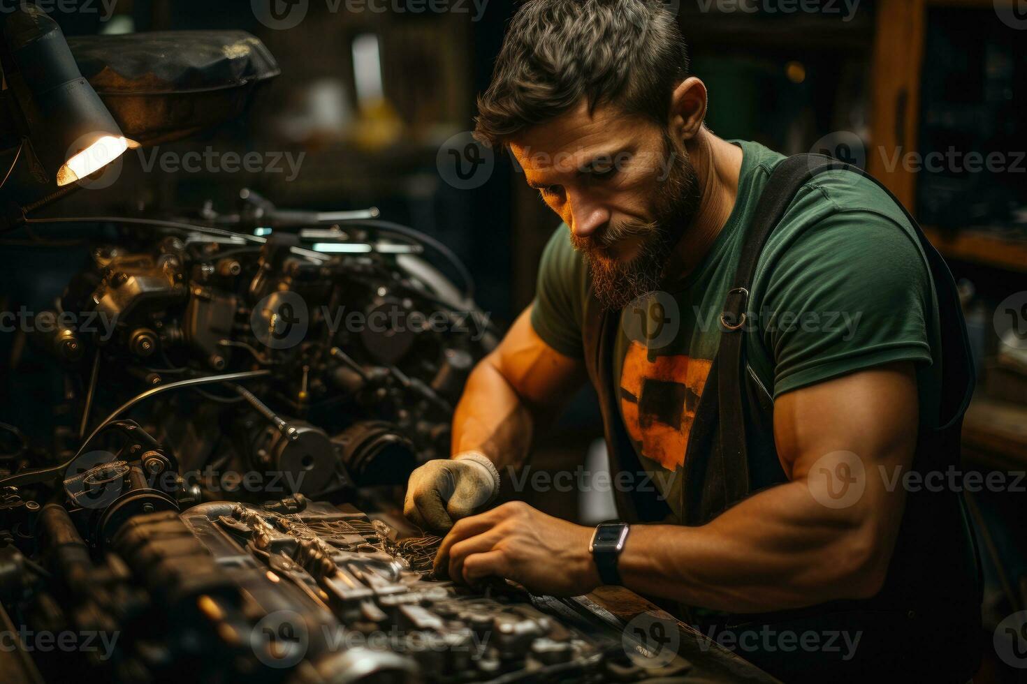 mecânico olhando debaixo a de capuz do uma clássico carro dentro a autêntico garagem contexto. generativo ai foto