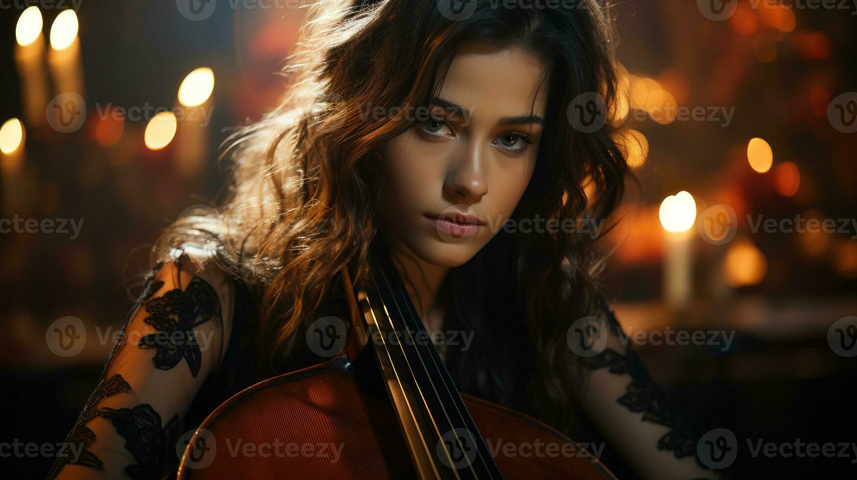 lindo mulher dentro Preto vestir jogando violoncelo. foto