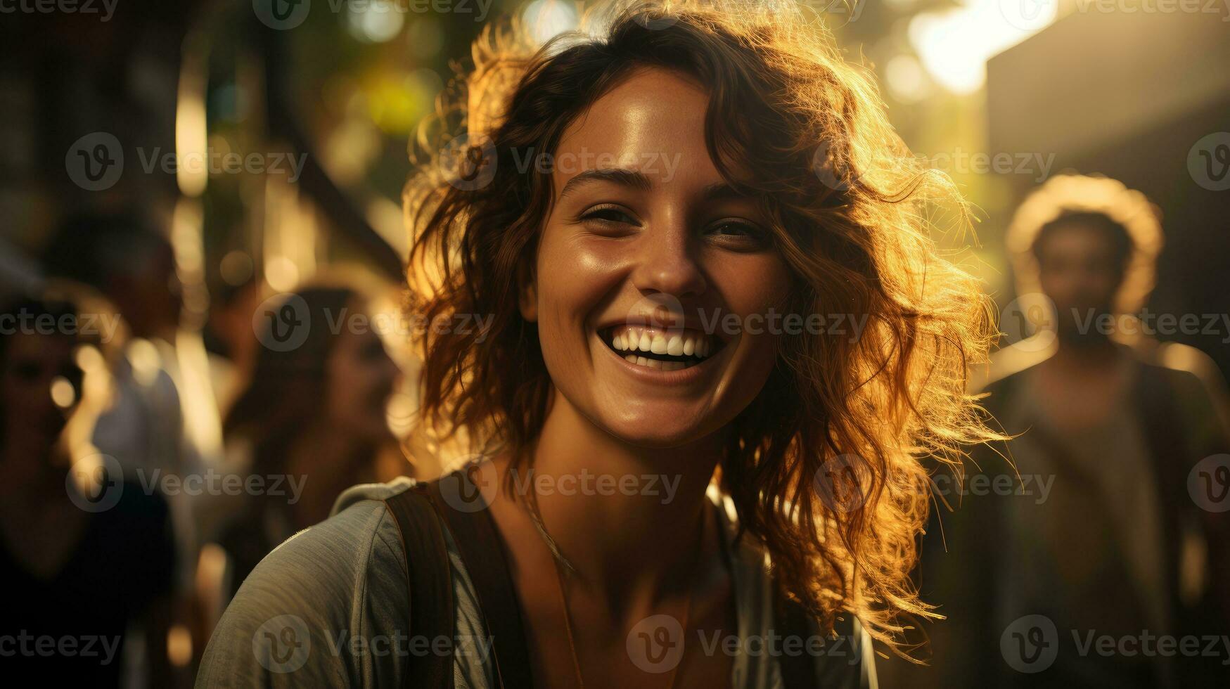 sorridente feliz lindo jovem mulher caminhando em lotado cidade rua. foto