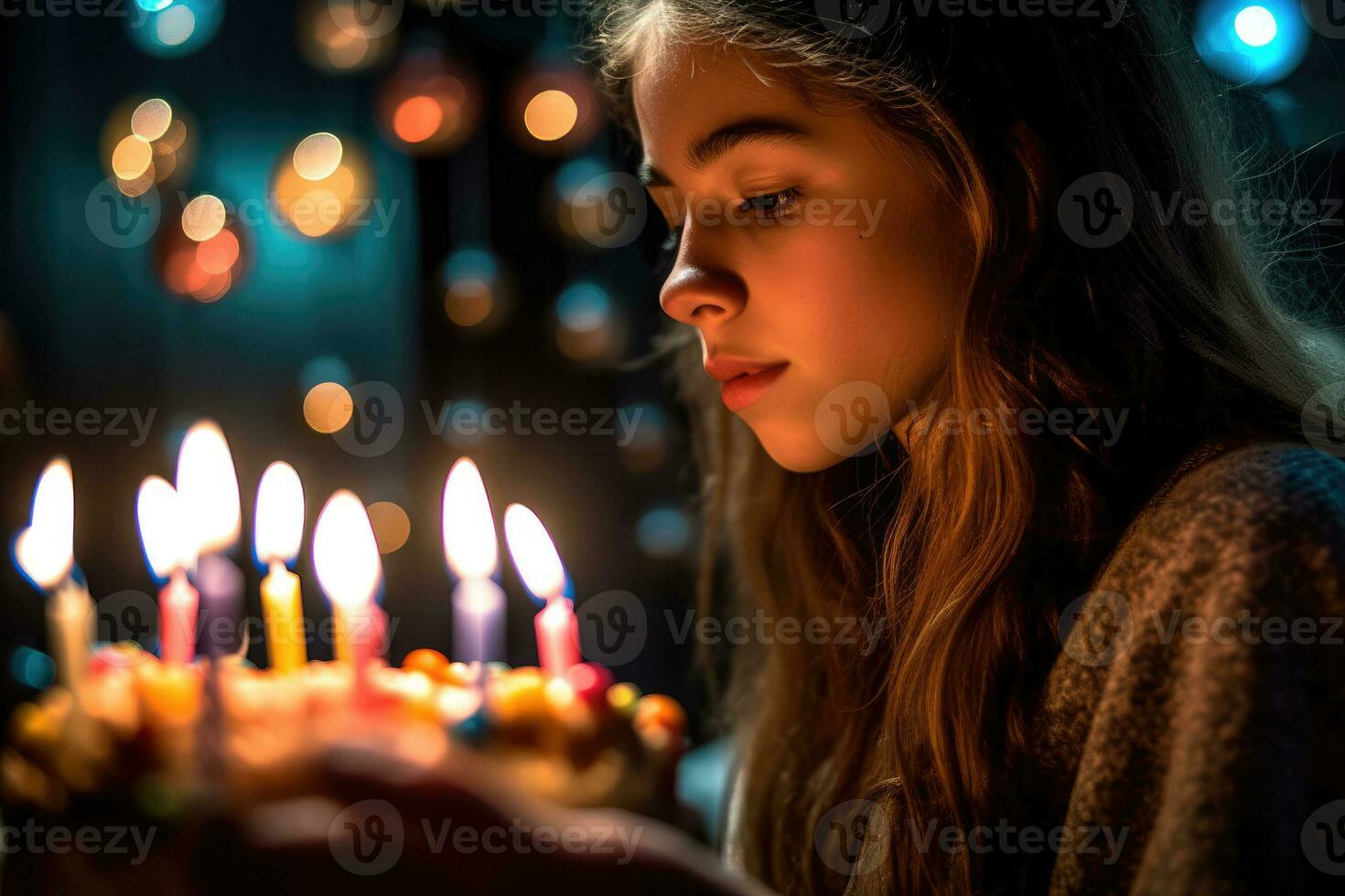 uma perfil Visão do uma Adolescência menina fazer uma desejo antes sopro Fora dela aniversário velas. generativo ai foto