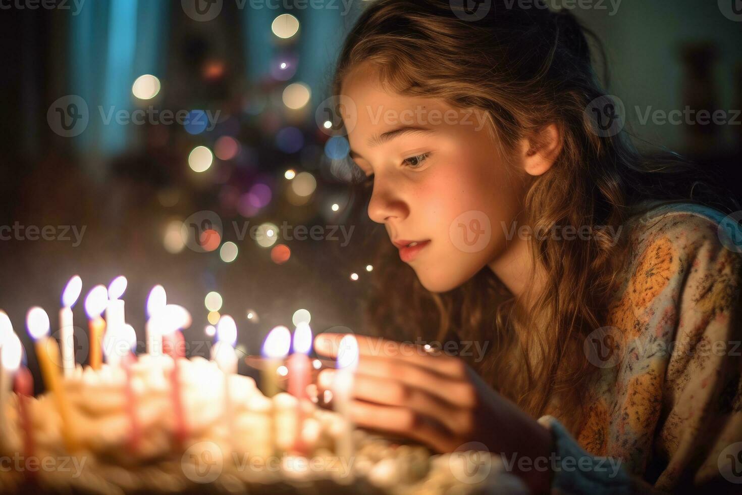 uma perfil Visão do uma Adolescência menina fazer uma desejo antes sopro Fora dela aniversário velas. generativo ai foto