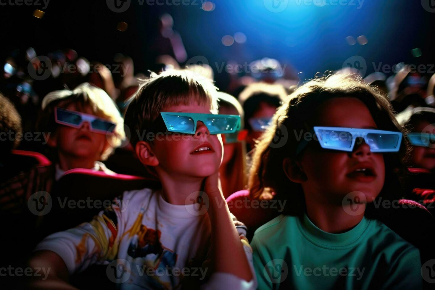 uma contemporâneo cena do crianças dentro 3d óculos assistindo a aventura filme. generativo ai foto