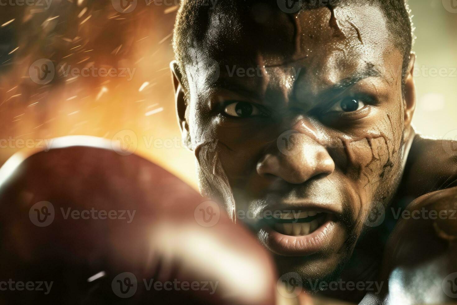 a intensidade e concentração do uma masculino boxer Como ele lança uma poderoso soco dentro a boxe anel. generativo ai foto
