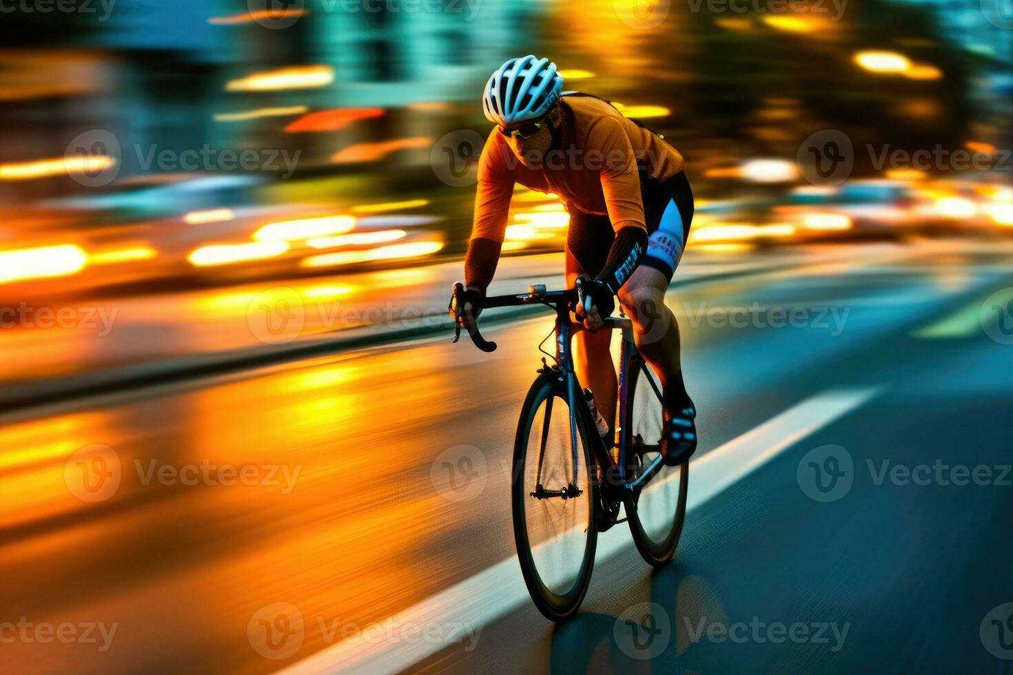 uma dinâmico tiro do uma ciclista equitação através uma dedicada bicicleta faixa. generativo ai foto