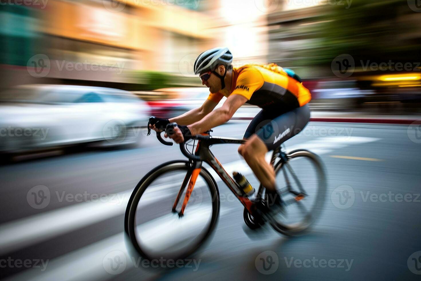 uma dinâmico tiro do uma ciclista equitação através uma dedicada bicicleta faixa. generativo ai foto