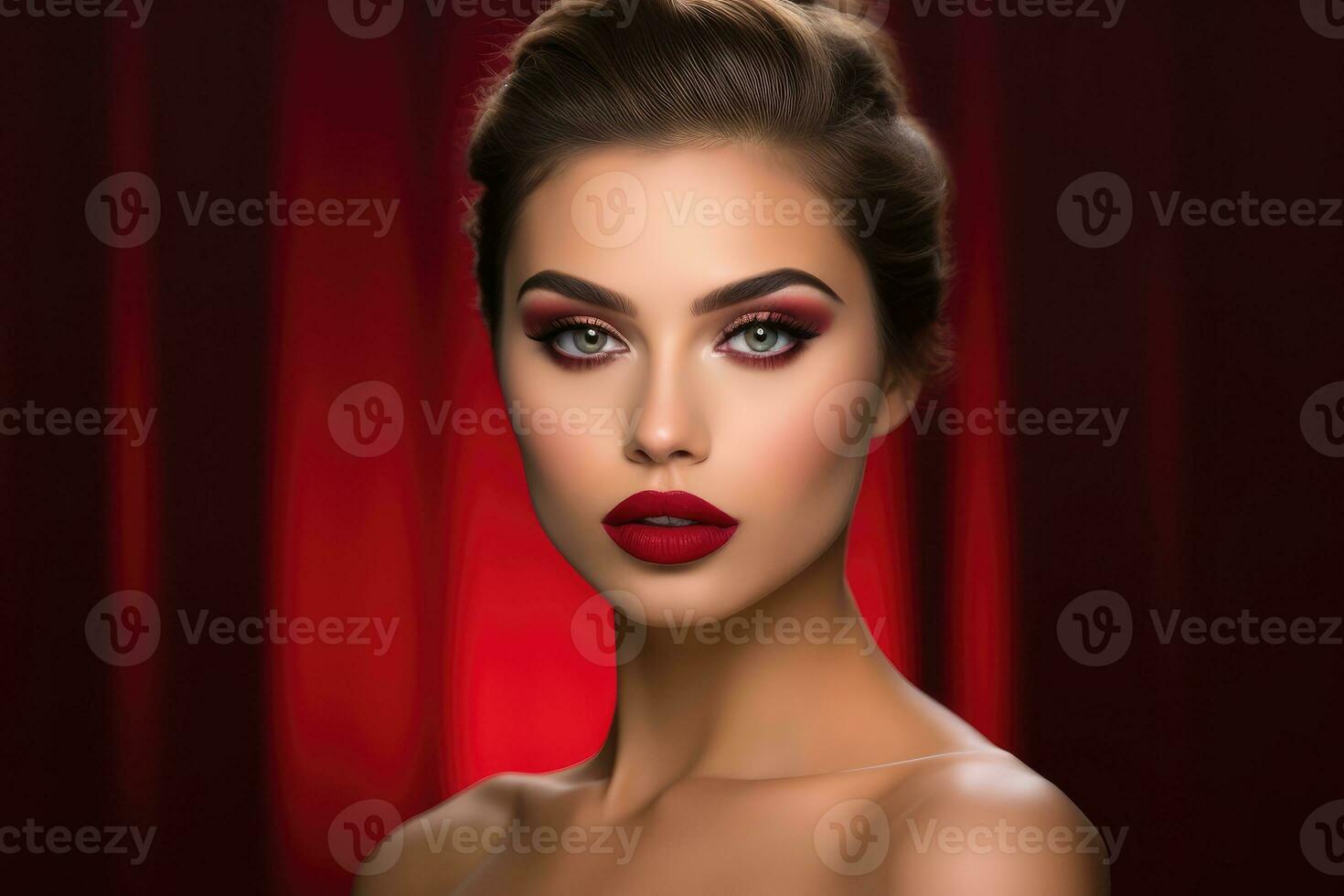 retrato tiro do uma modelo com uma glamouroso e vermelho tapete pronto Maquiagem olhar. generativo ai foto