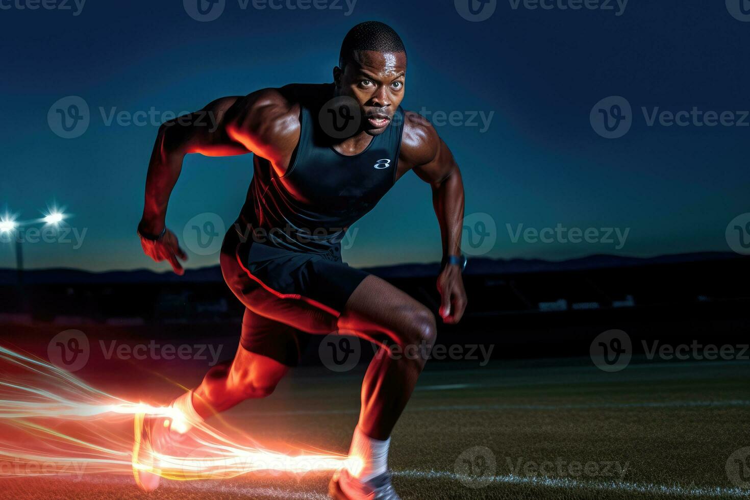 a agilidade e Rapidez do uma masculino atleta Como ele envolve dentro uma correndo sessão em a acompanhar. generativo ai foto