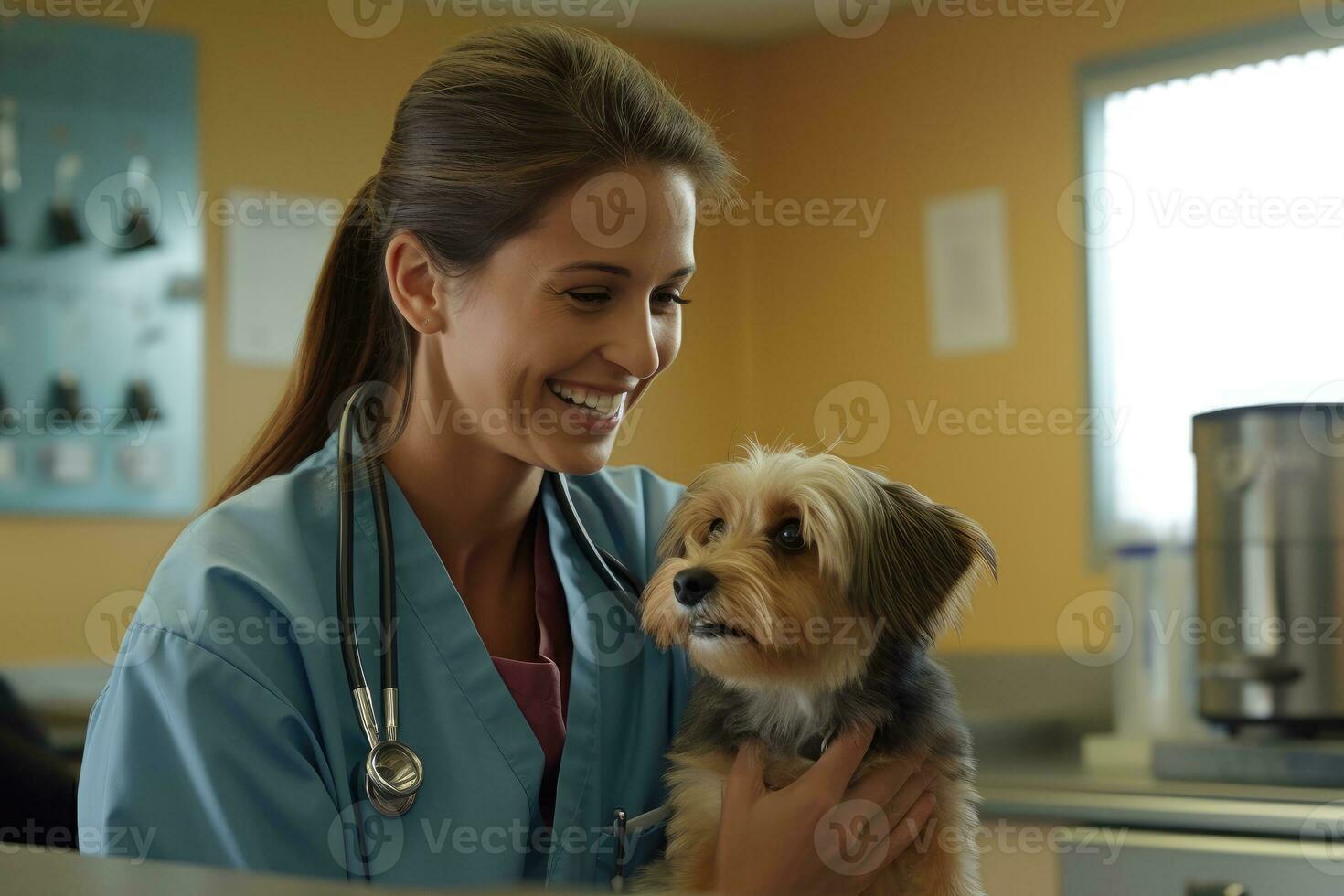 a carinhoso momentos entre uma fêmea veterinário e uma brincalhão cachorro dentro uma veterinário clínica. generativo ai foto