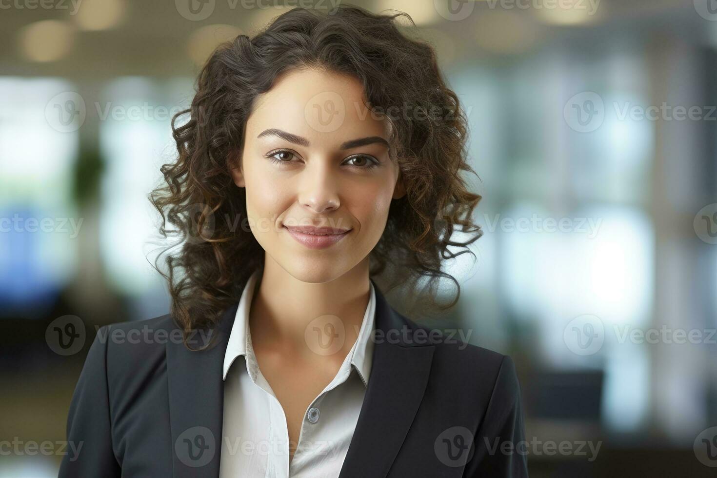 uma fechar - acima retrato do uma confiante empresária dentro uma moderno escritório contexto. generativo ai foto