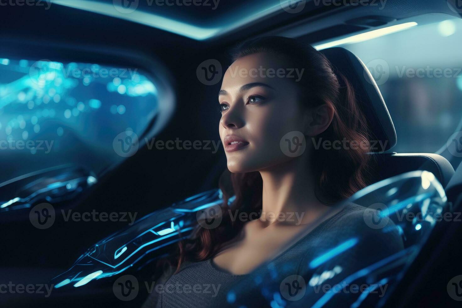 uma fechar - acima tiro do uma mulher sentado dentro uma corte - Beira Autônomo veículo. generativo ai foto