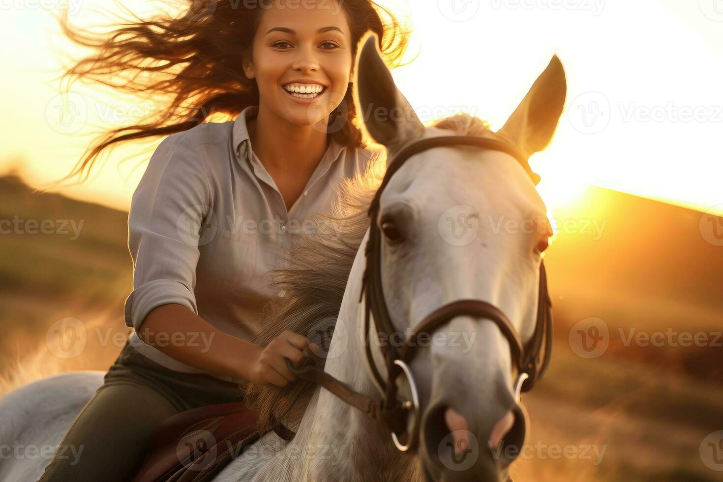 uma fechar - acima tiro do uma jovem mulher cavalo equitação dentro a encantador dourado hora do pôr do sol. generativo ai foto