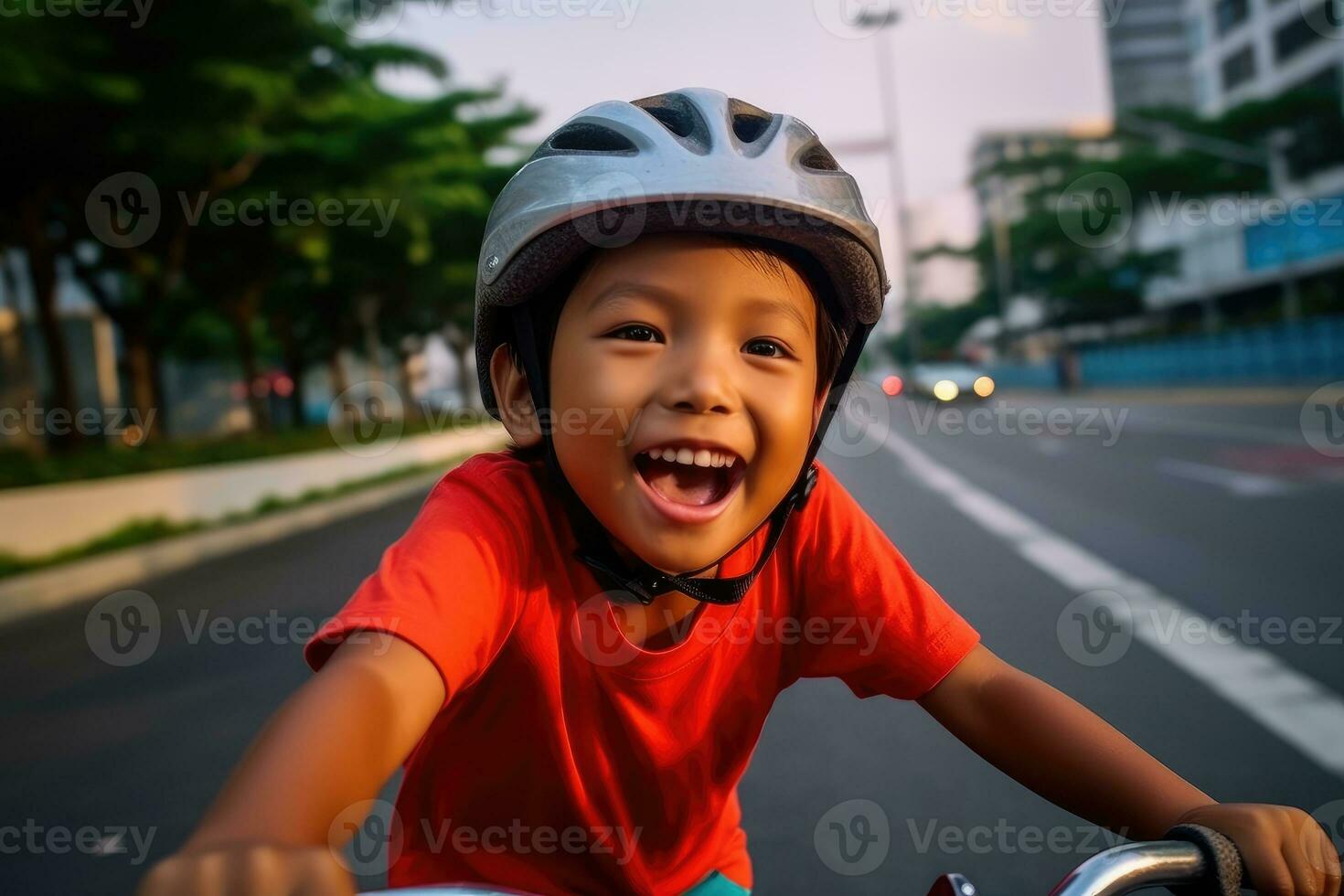 uma criança Garoto equitação uma bicicleta para a primeiro tempo. generativo ai foto