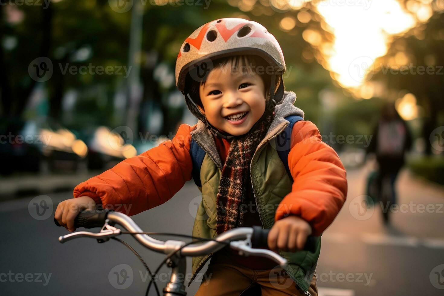 uma criança Garoto equitação uma bicicleta para a primeiro tempo. generativo ai foto