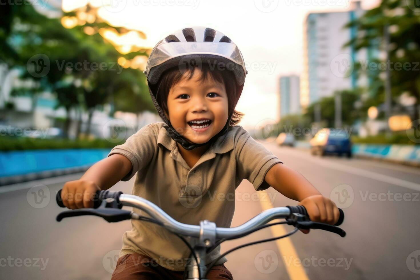 uma criança Garoto equitação uma bicicleta para a primeiro tempo. generativo ai foto