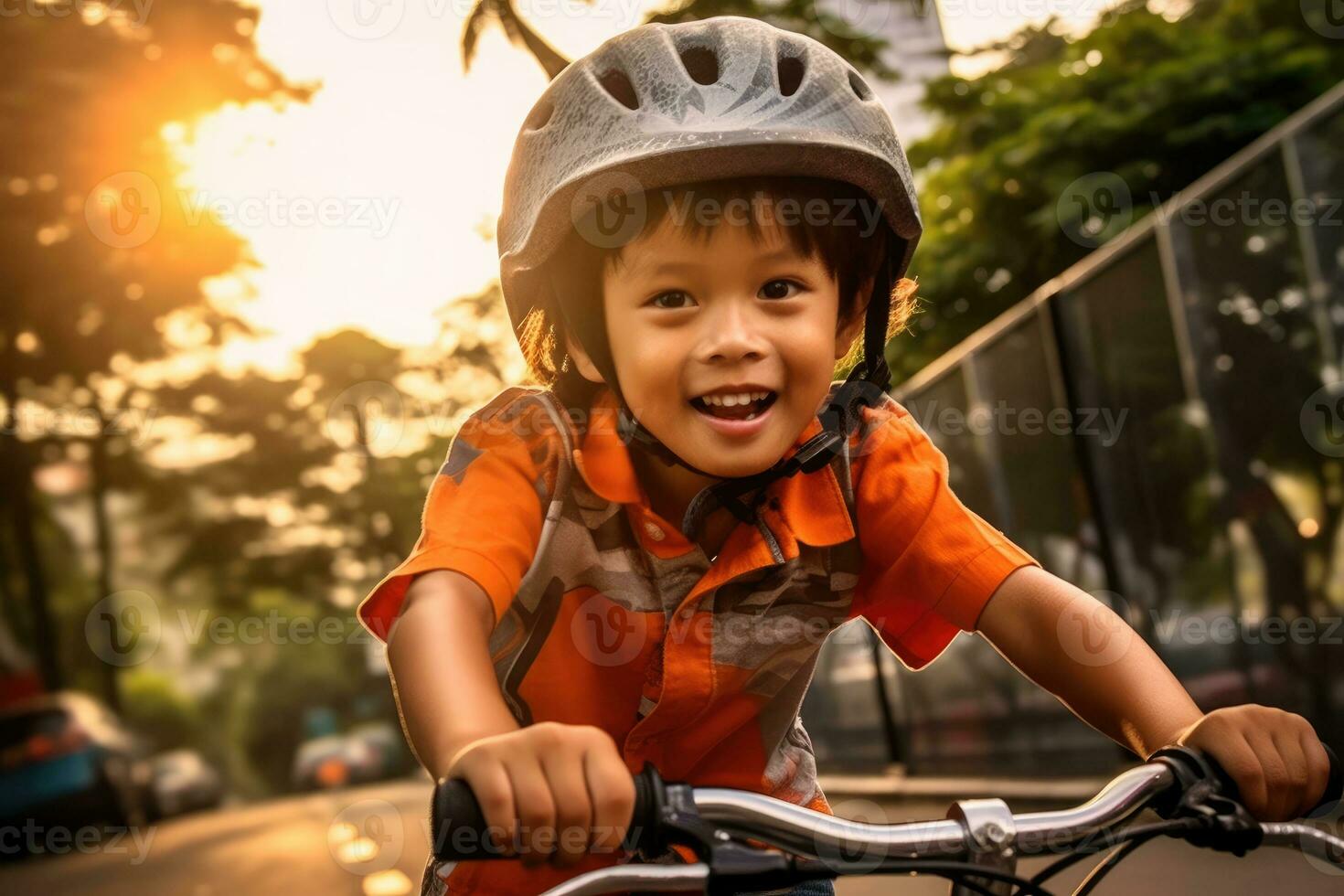 uma criança Garoto equitação uma bicicleta para a primeiro tempo. generativo ai foto