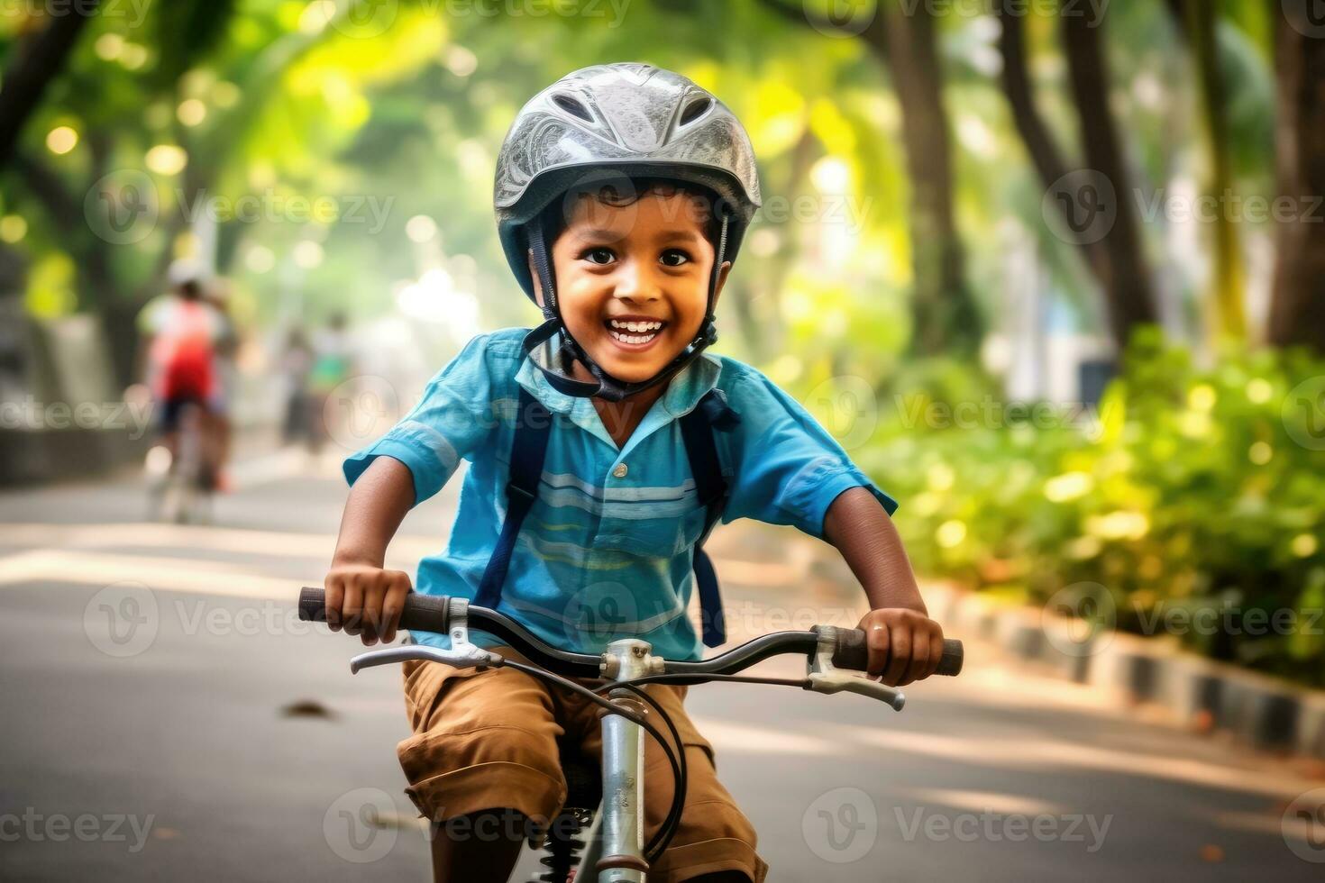 uma criança Garoto equitação uma bicicleta para a primeiro tempo. generativo ai foto