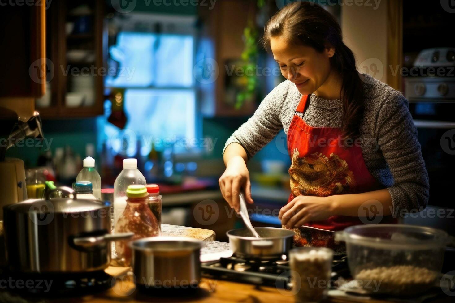 uma jovem mulher Como ela prepara uma delicioso refeição dentro a fechar - acima tiro do dela casa cozinha. generativo ai foto