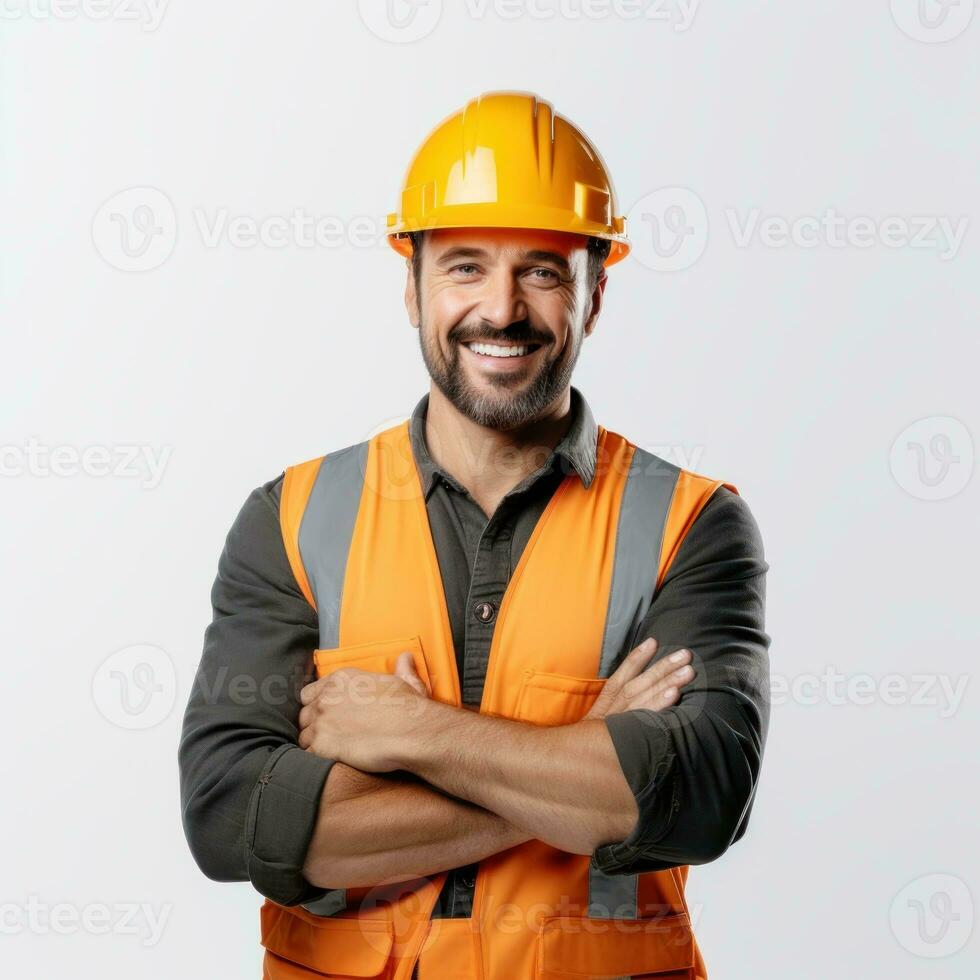 atraente homem dentro construção capacete foto