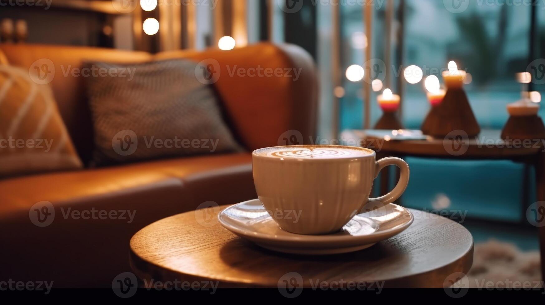 café copo em de madeira mesa dentro café fazer compras com borrado fundo, ai generativo foto