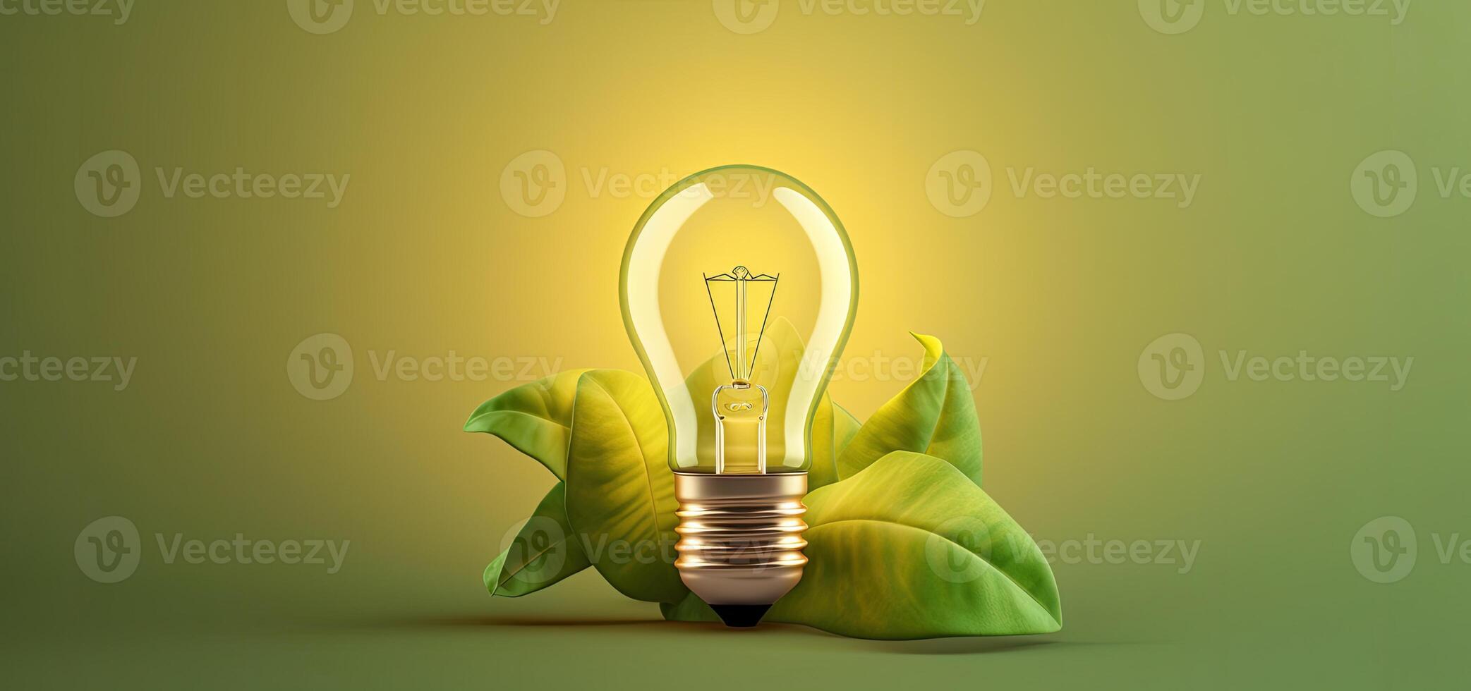 verde energia conceito com luz lâmpada e verde folhas. 3d Renderização, verde eco energia conceito com luz lâmpada e plantar ai generativo foto