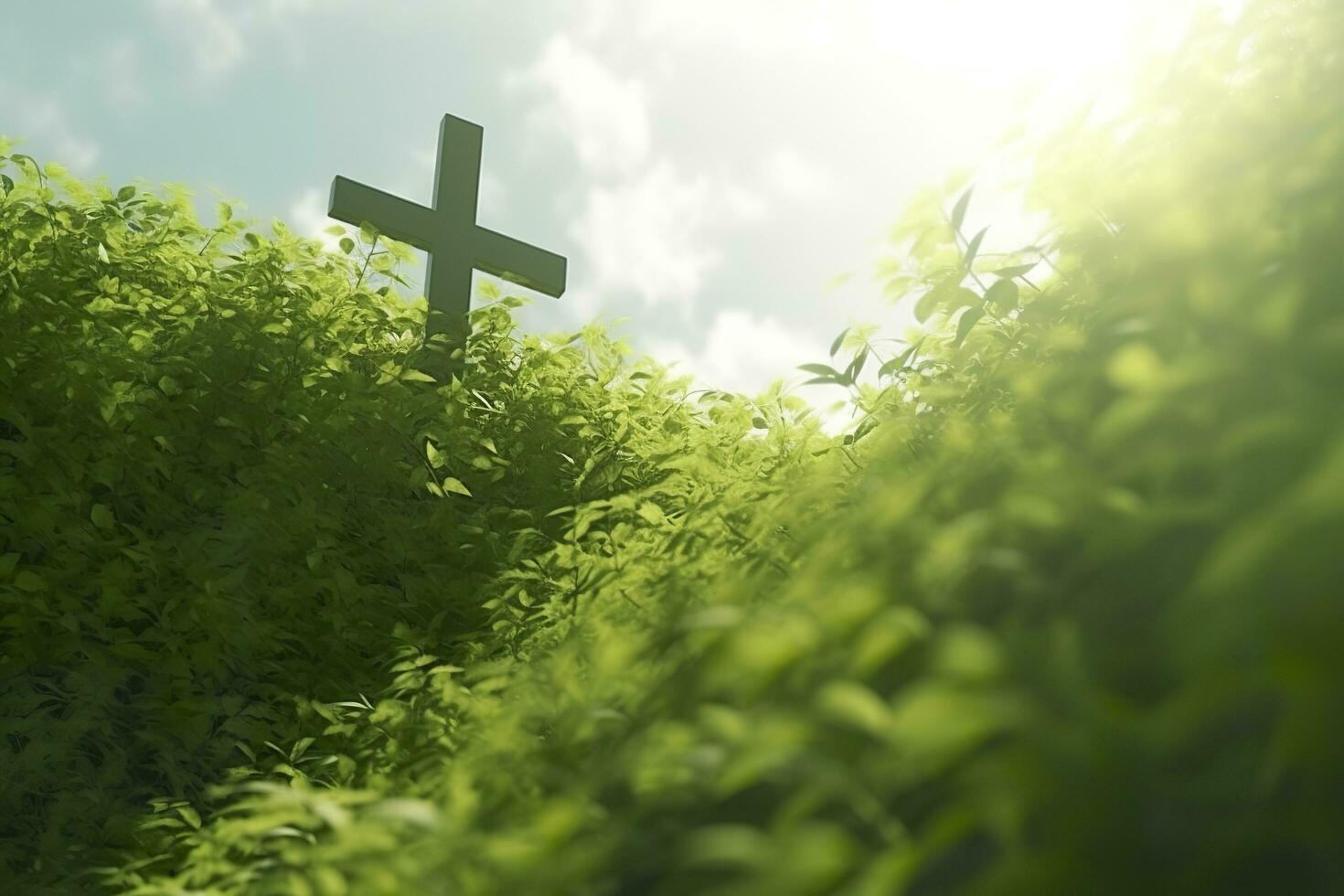 a Cruz do Deus com verde folha, dentro a raios do a Sol e azul céu. Cruz em a Colina com verde árvores e graeen natural visualizar. religioso conceito, ai generativo foto