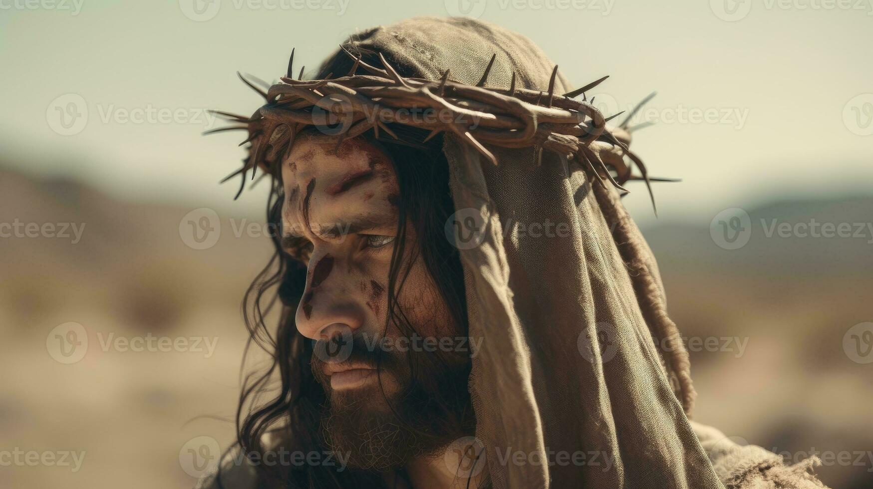 Jesus Cristo dentro a deserto com uma coroa do espinhos. ai gerado foto