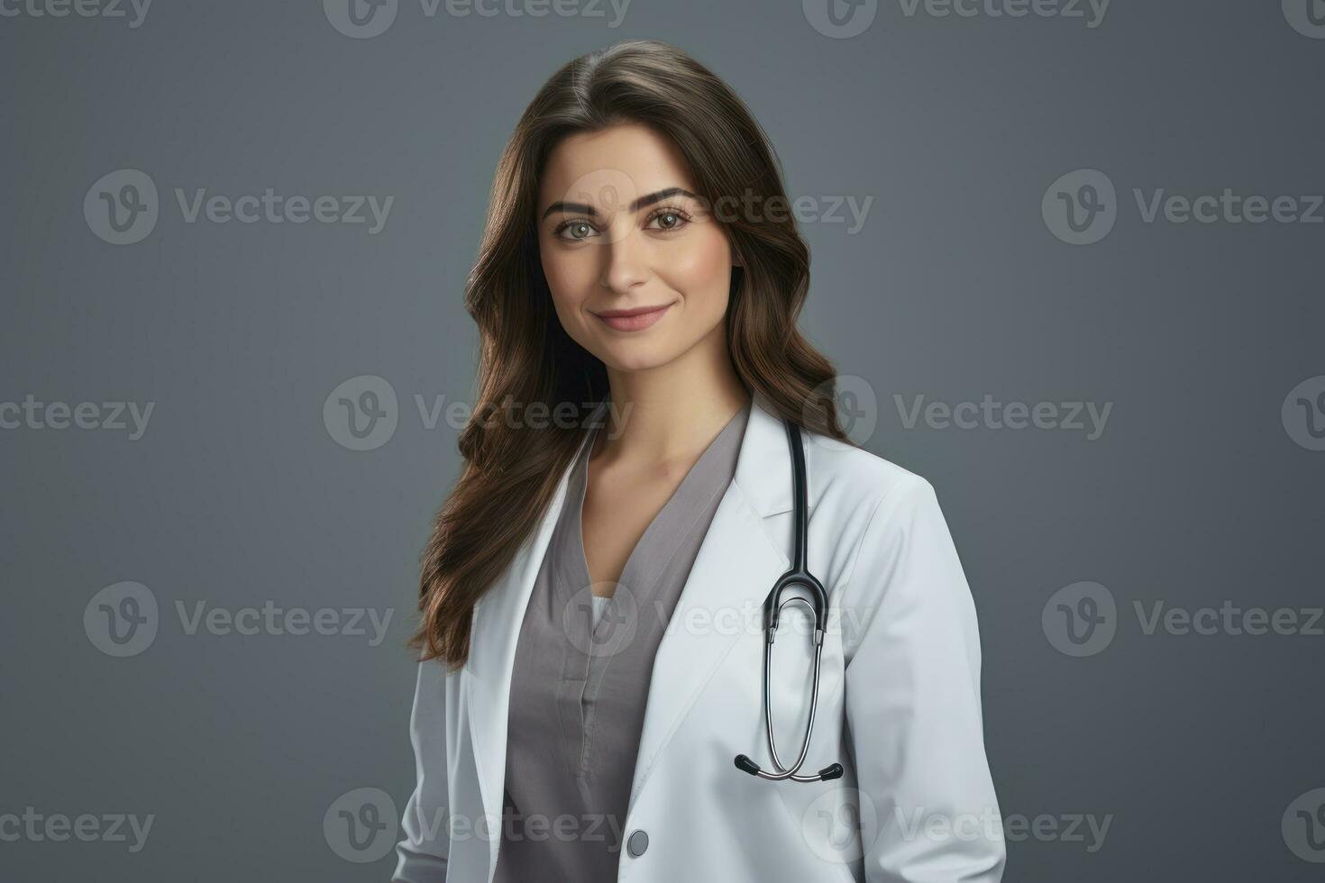 retrato do jovem médico ou enfermeira fêmea com uniforme em estúdio fundo. médico mulher conceito. ai gerado foto