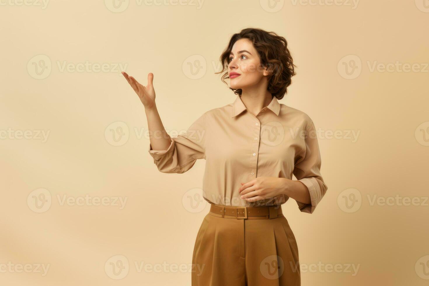 retrato do lindo Europa mulher apontando mão isolado em estúdio fundo. o negócio apresentação conceito. ai gerado foto