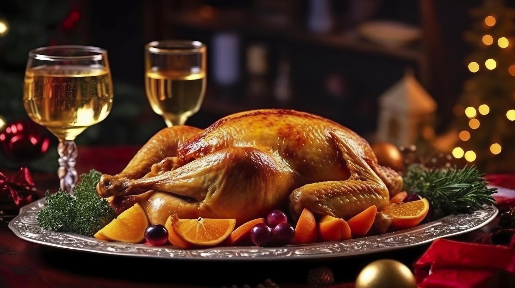 suculento e saboroso assado Peru em uma prato com Natal decorações. assado frango com vegetais, assado frango festa, todos tipos do comida, cerveja. ai generativo foto