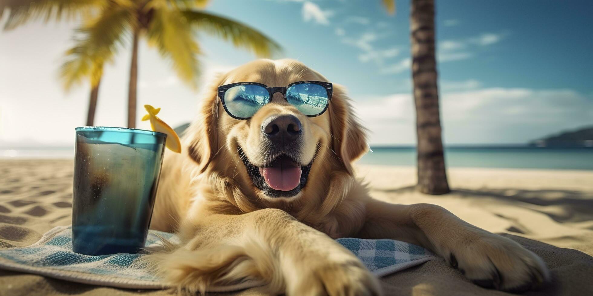 dourado retriever cachorro é em verão período de férias às beira-mar recorrer e relaxante descansar em verão de praia do Havaí. ai generativo foto