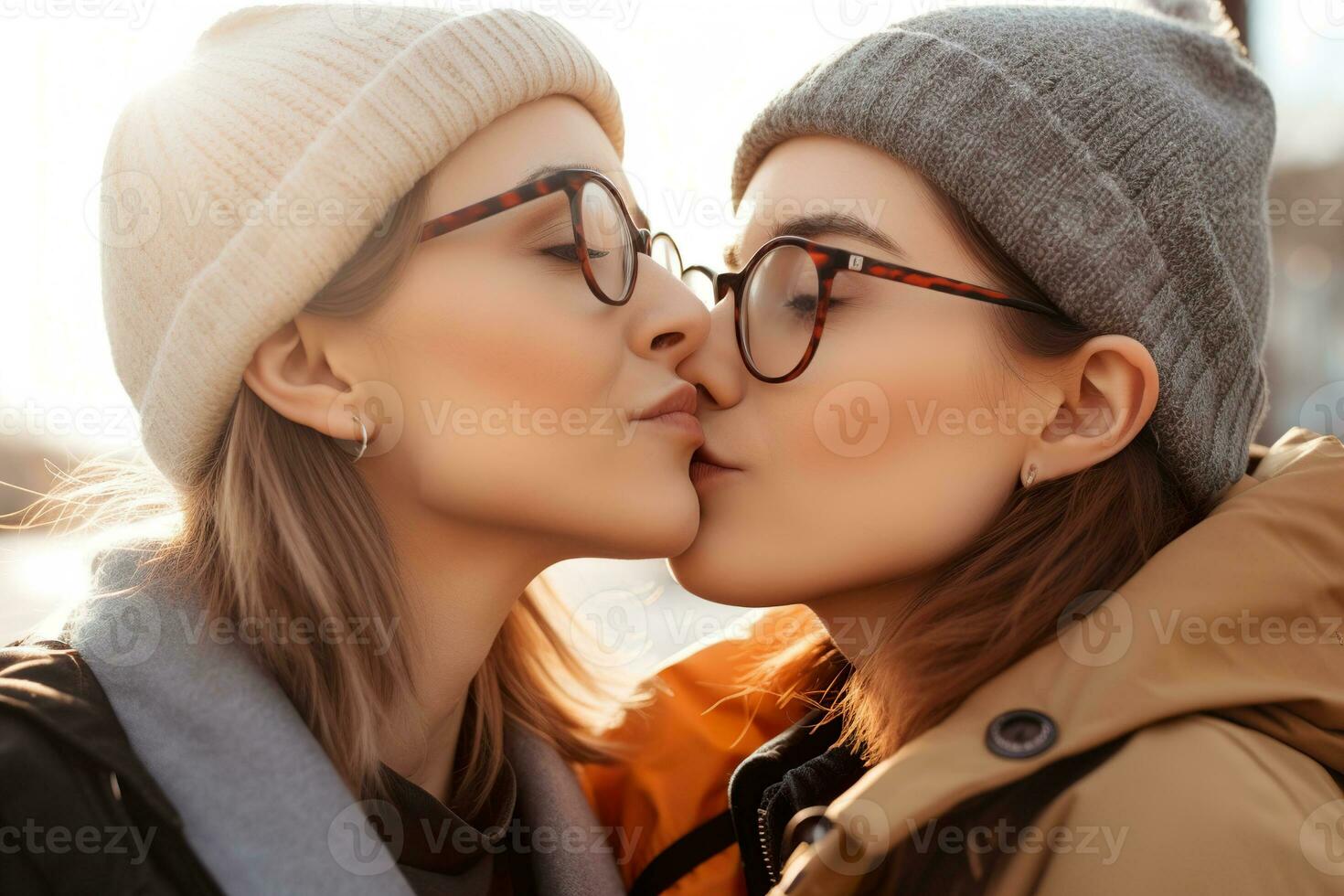 dois jovem mulheres gastos Tempo junto, se beijando. lgbt, lésbica casal, relação. diversidade, homossexualidade. parceiros com não tradicional sexual orientação. sensual momento. generativo ai. foto