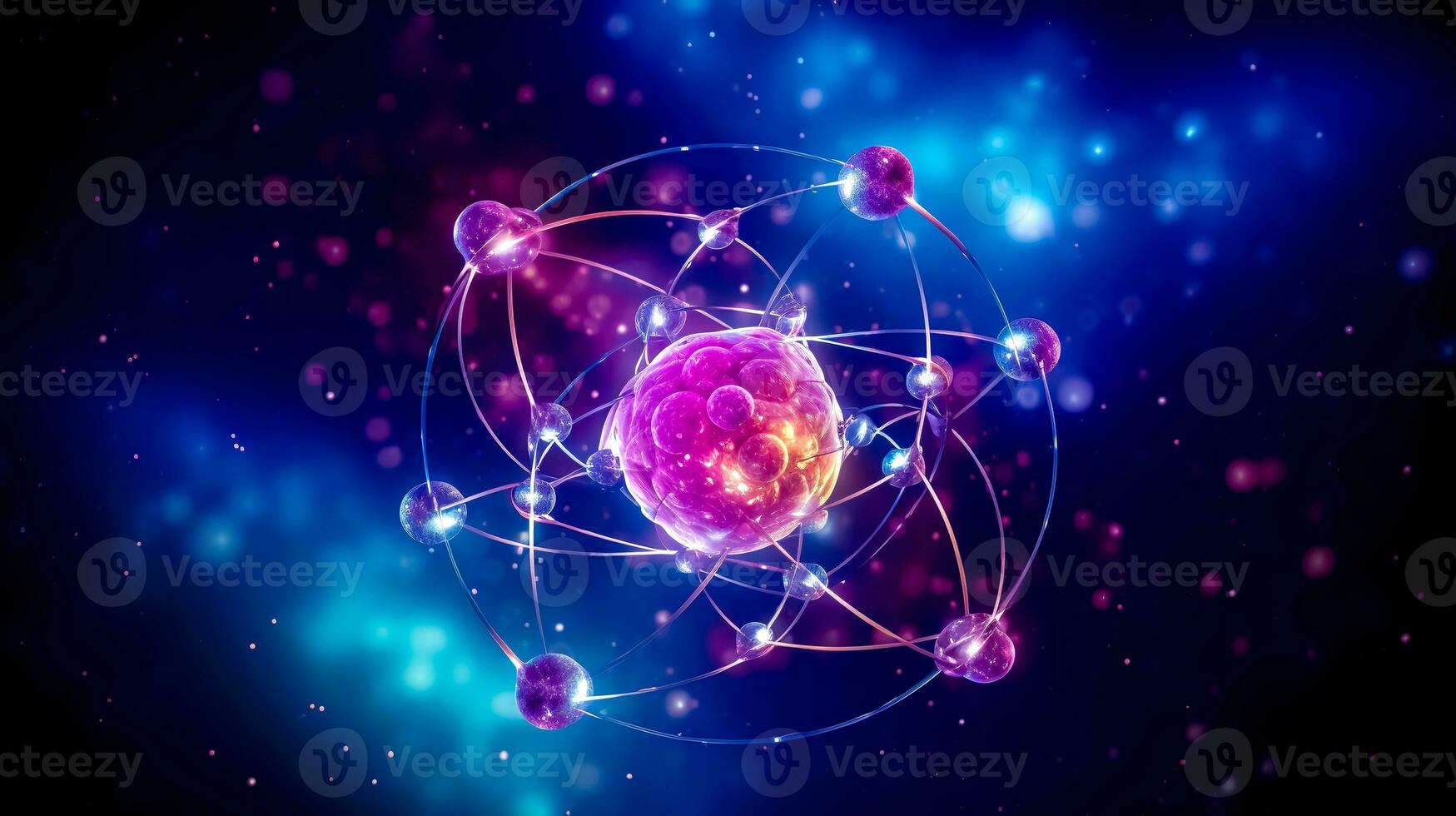 átomo molécula estrutura debaixo microscópio, néon luz fez com generativo ai foto