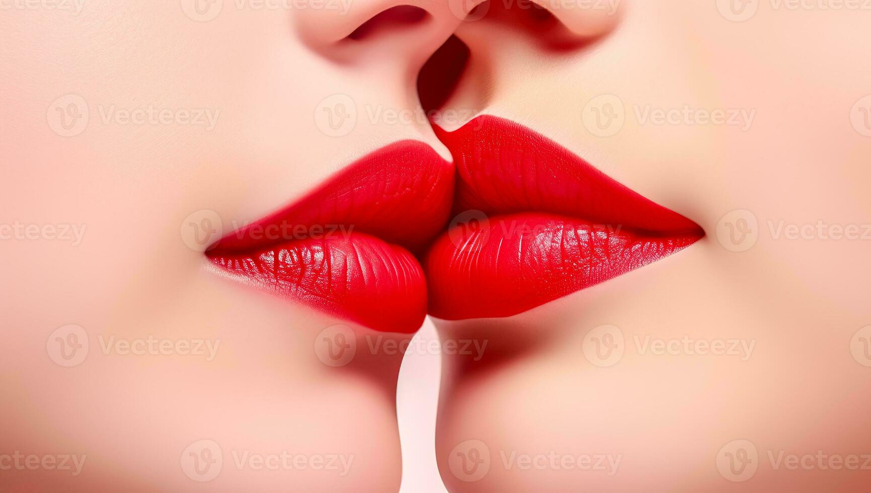 mulheres lábios dentro uma beijo, vermelho batom, fêmea afeição fez com generativo ai foto