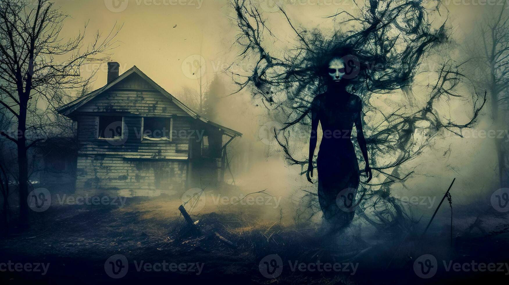 pesadelo. uma fêmea fantasma e uma assombrada casa, fez com generativo ai foto