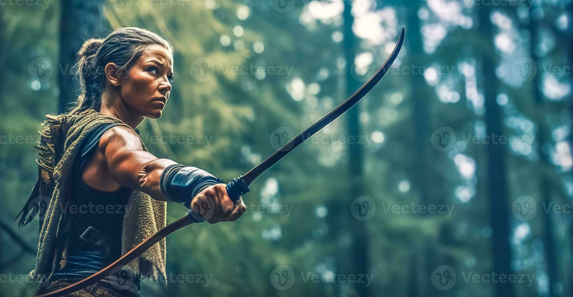 tiro com arco, Amazonas mulher com arco dentro floresta, bandeira com cópia de espaço fez com generativo ai foto