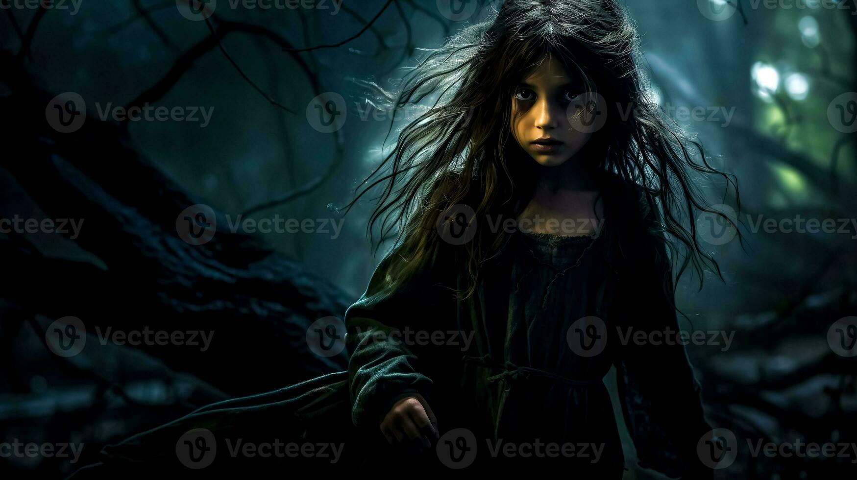 arte fantasia retrato do uma menina perdido dentro uma conto de fadas floresta, uma pequeno bruxa, fez com generativo ai foto