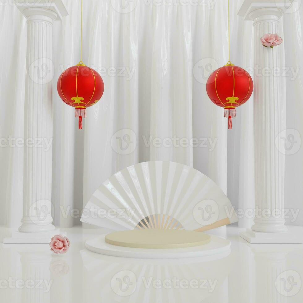 feliz chinês Novo ano, esvaziar pódio com presente caixa e decoração cortina , lanterna, conceito para ano do a coelho, lunar, coelhinho, etapa chinês Novo ano em vermelho fundo. 3d Renderização foto